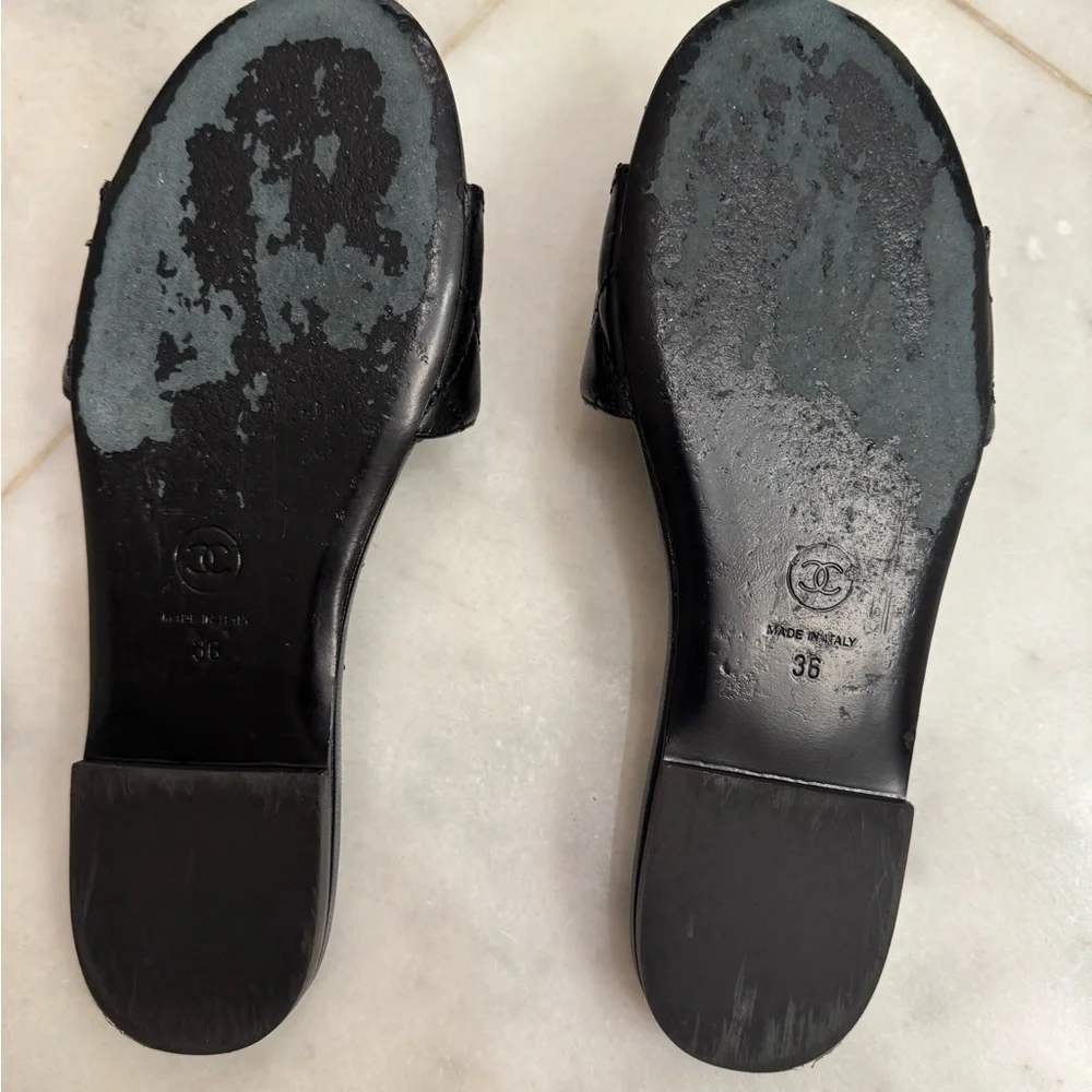 CHANEL Black Quilted Slide Sandals with Gold Accent - Picture 4 of 4